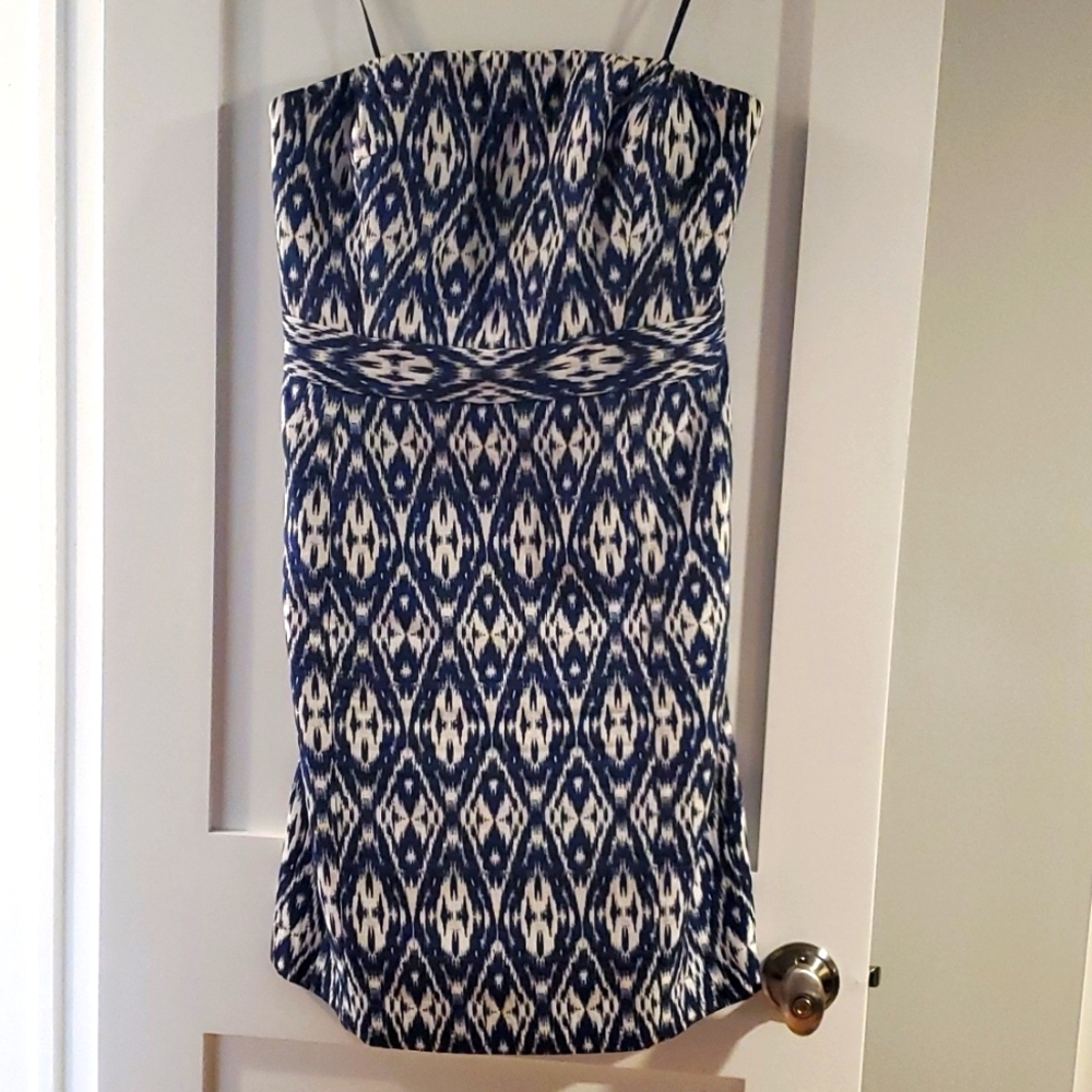 Banana Republic Cream and Indigo Icat Strapless Dress. Sz12